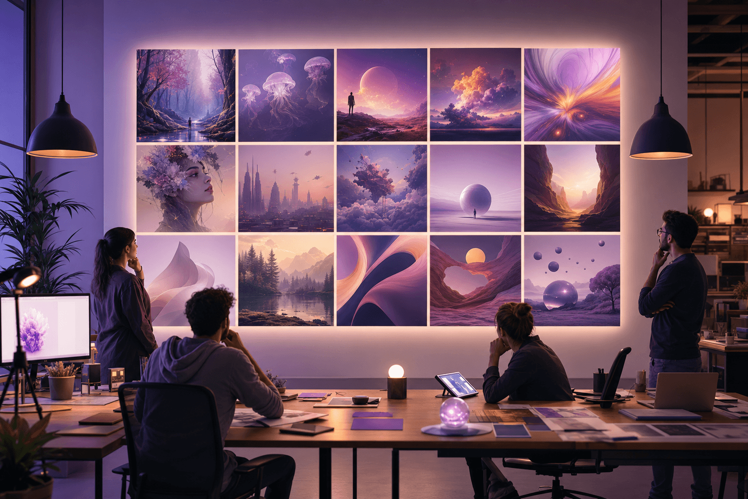 AI-generated ad creative variations arranged as a gallery