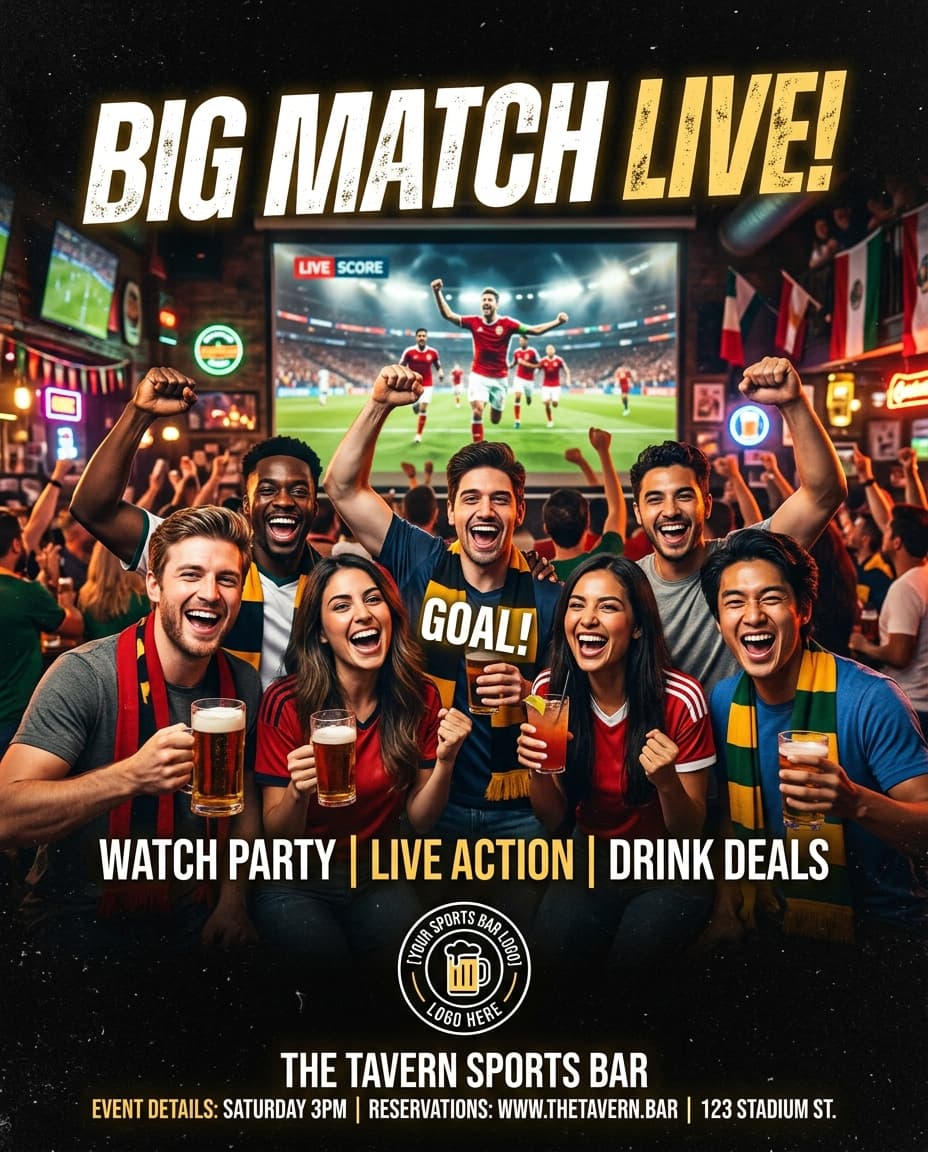 Ad creative — Match-day watch-party promo for a sports bar with an editable headline