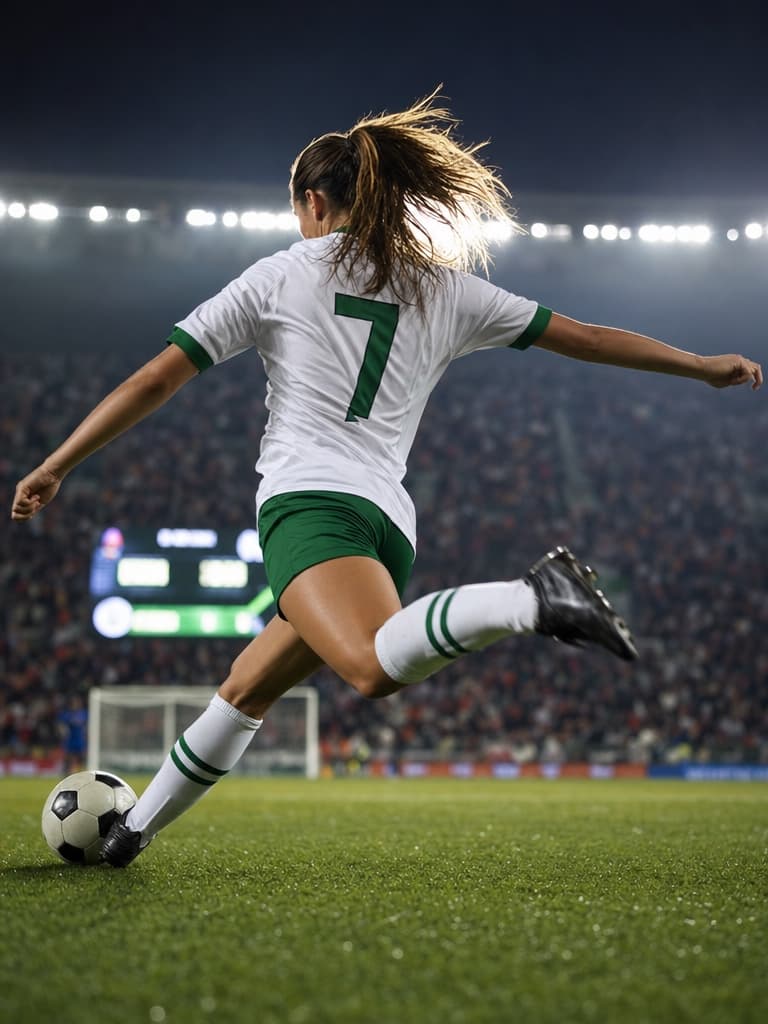 Player portrait — Mid-strike action shot in a green-and-white kit on a floodlit pitch