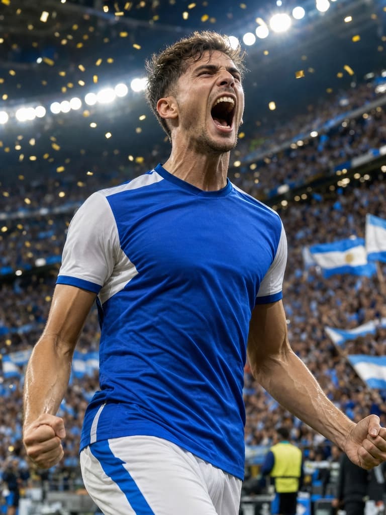 Player portrait — Roaring celebration in a blue-and-white national kit, stadium lens flare