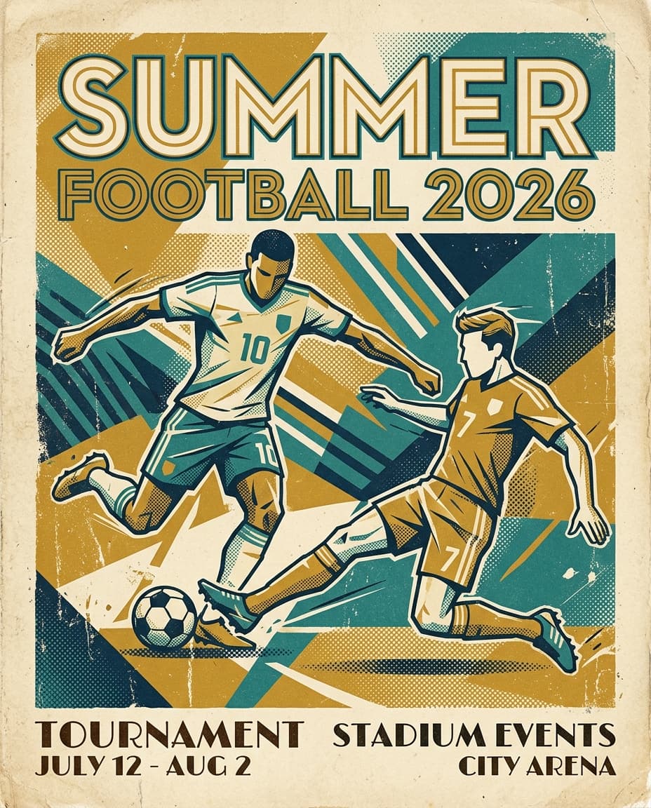 Retro poster — 1970s screen-print tournament poster, gold-and-teal with halftone texture