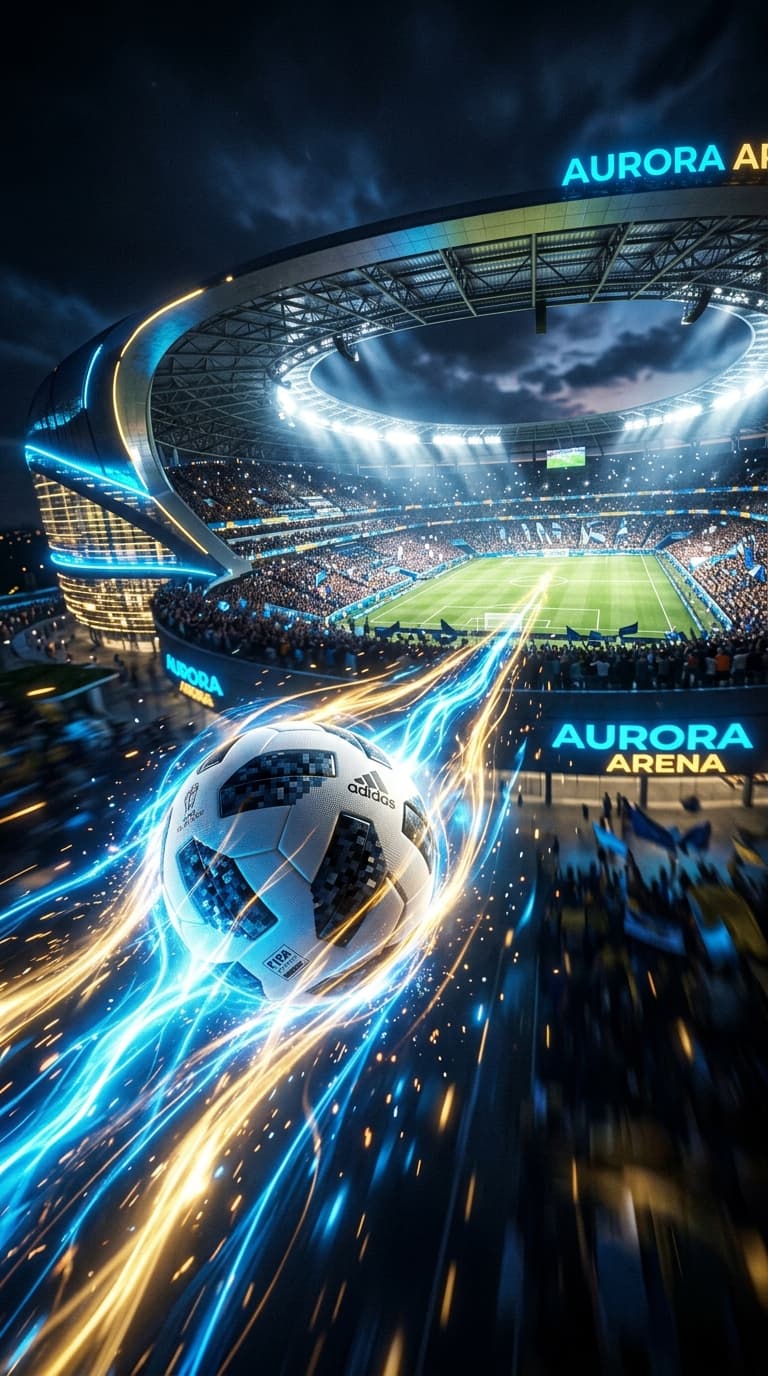 Wallpaper — 9:16 phone wallpaper, a ball streaking toward a night stadium in blue and gold