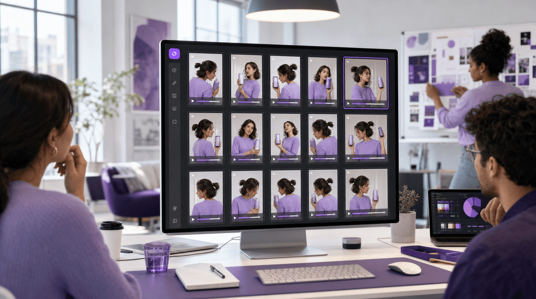 A grid of mirrored and flipped video ad variants on a monitor in a creative workspace