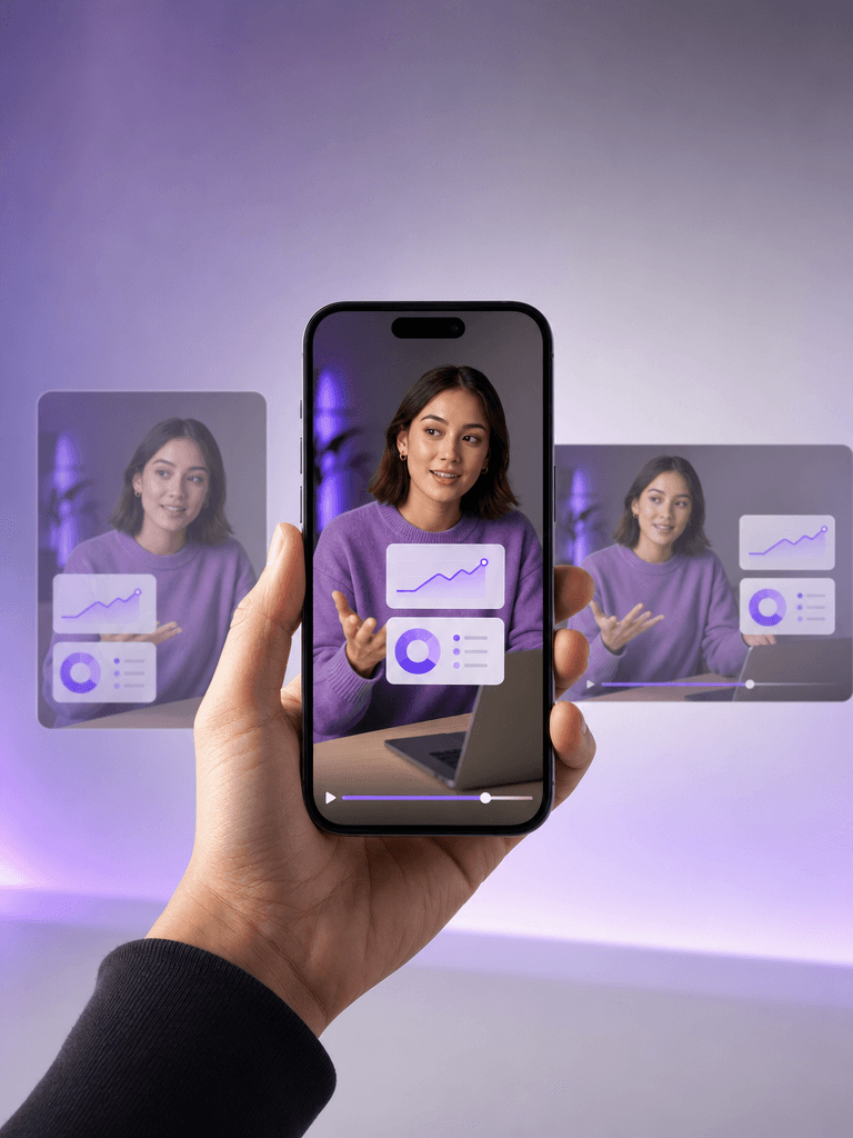 A vertical video ad reoriented for different social placements on a smartphone