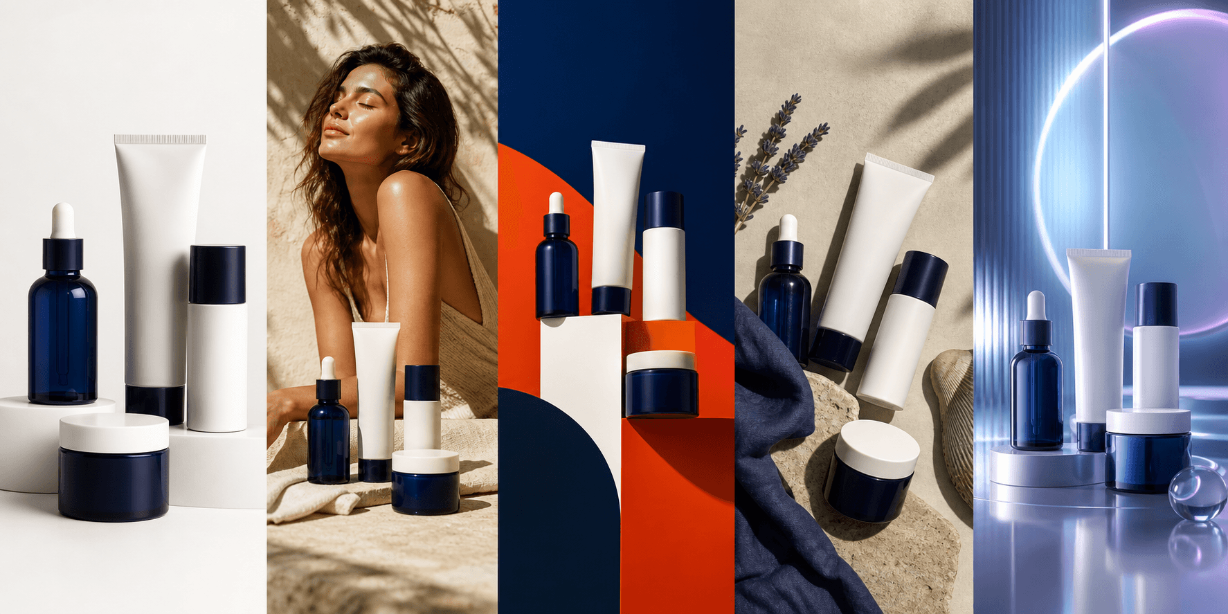 Diverse AI-generated advertising visual styles including product photography, lifestyle and poster layouts